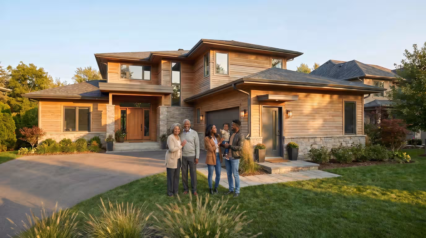 An older couple stands next to their adult children and grandson in the front yard of a nice home with an attached ADU.