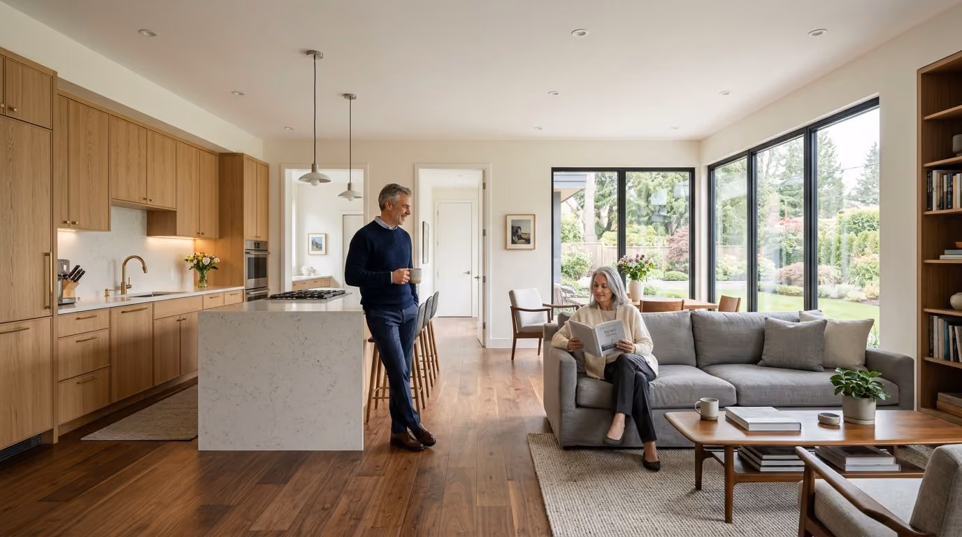 Open-concept kitchen/living area with warm wood tones, natural light. A couple in their early 60s comfortably using the space.