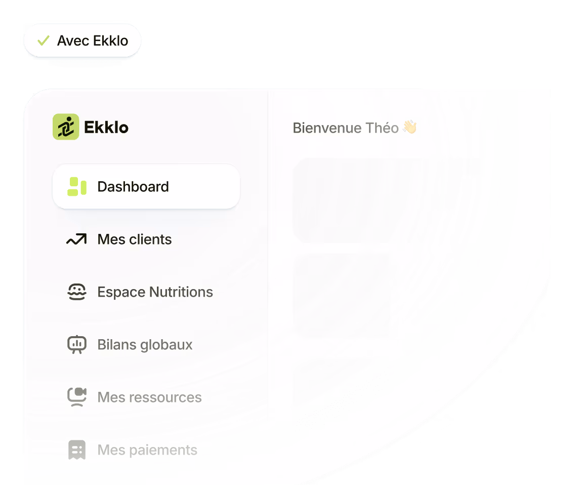 User dashboard interface of Ekklo with navigation menu showing Dashboard, My Clients, Nutrition Space, Global Reports, My Resources, and My Payments, welcoming user Théo.