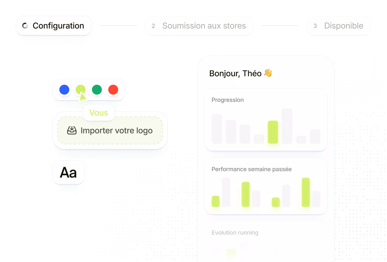 User interface showing configuration steps, color selection, logo import button, font size option, and performance charts greeting user Théo.