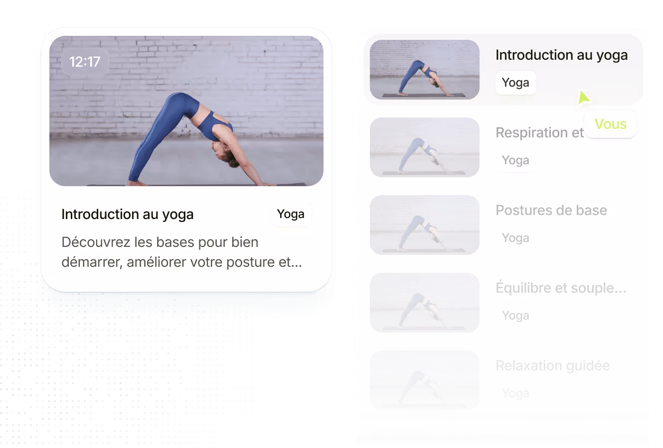 Yoga app screen showing a video of a woman in downward dog pose with a list of yoga sessions in French on the right.