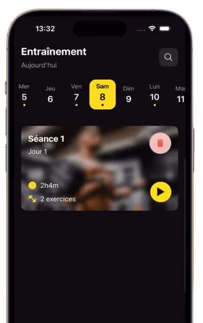 Smartphone screen shows a workout app in French with scheduled exercises for Saturday the 8th.