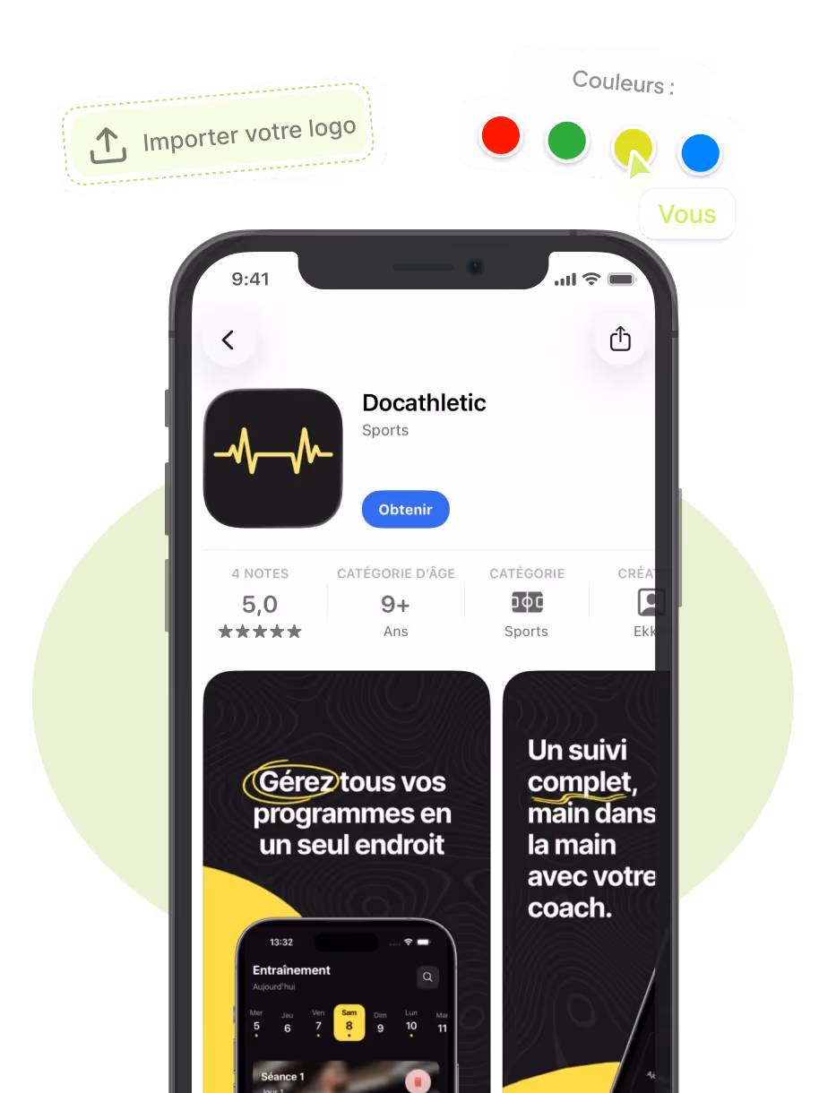 Mobile app page for Docathletic sports app with 5-star rating and workout tracking features.