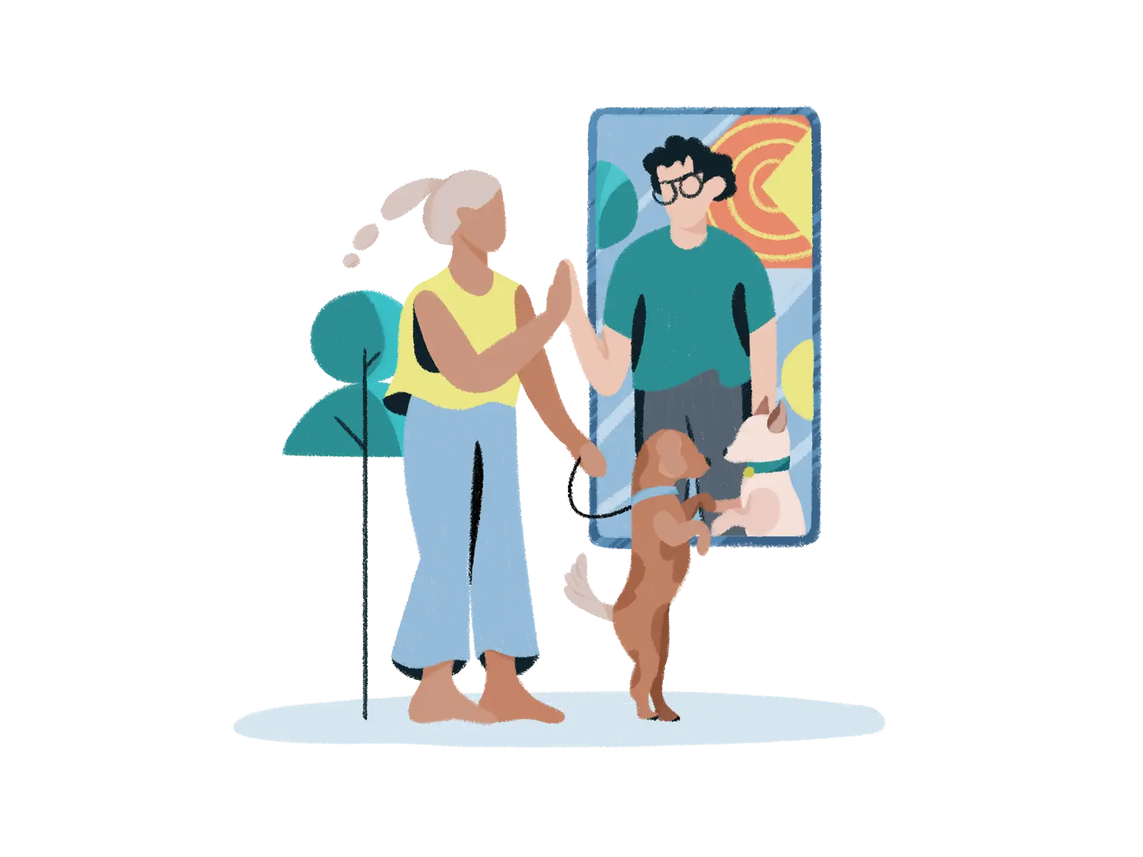 Woman with dog giving high-five to a man on a video call screen accompanied by a cat.