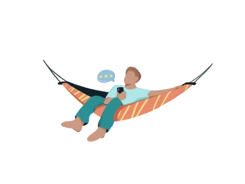 Illustration of a person relaxing on an orange striped hammock, holding a phone with a chat bubble showing three dots.