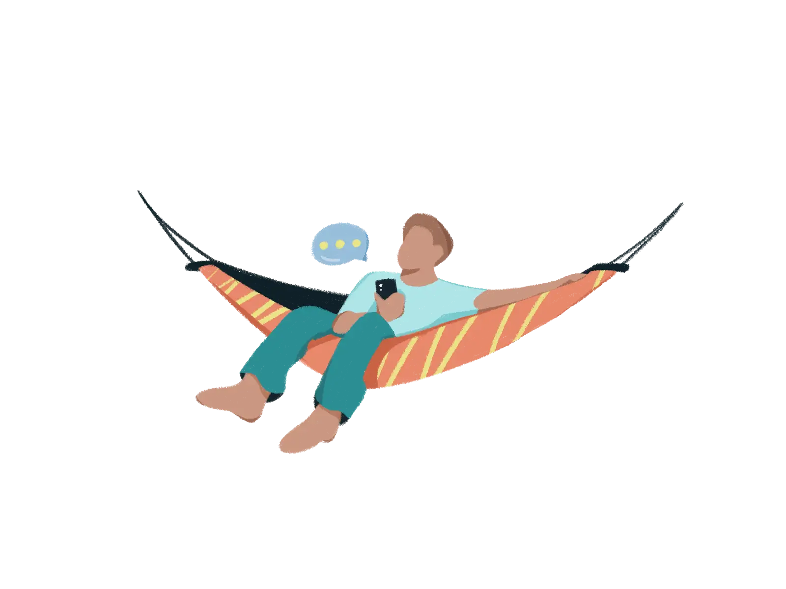 Illustration of a person relaxing on an orange striped hammock, holding a phone with a chat bubble showing three dots.