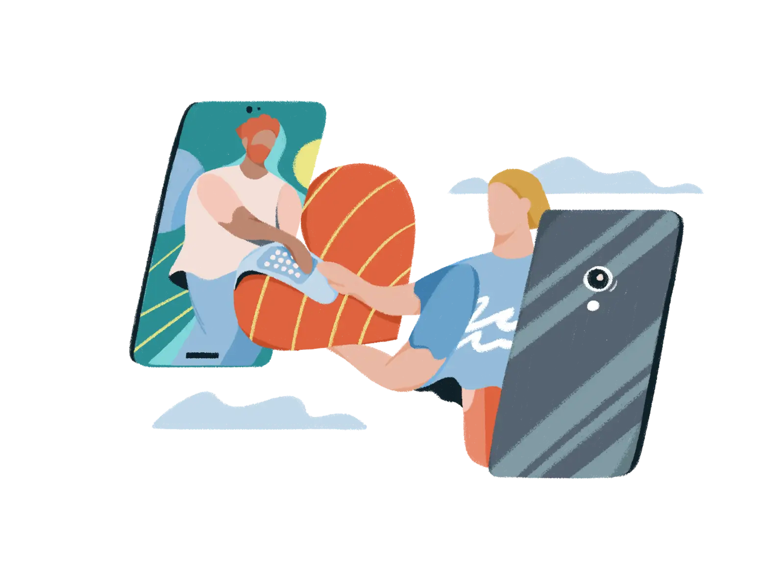 Illustration of two people reaching through smartphones to exchange an orange heart.