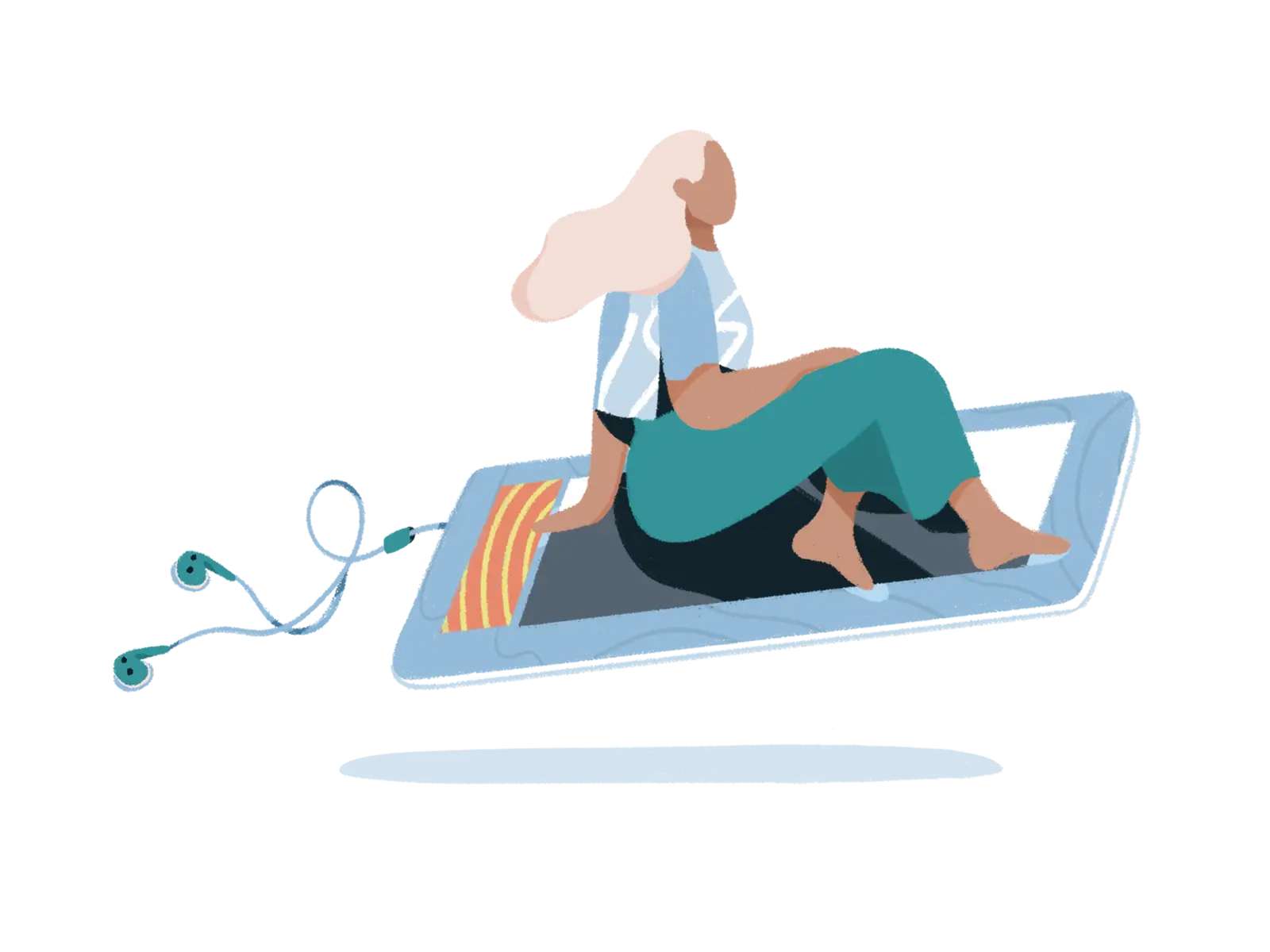 Illustration of a woman with light hair sitting on a large smartphone floating like a magic carpet.