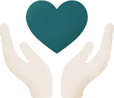 Two hands cupping a teal heart shape above them.