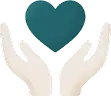 Two white hands gently cupping a teal heart shape above them.