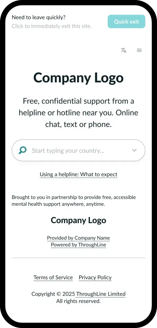 Mobile screen showing a confidential mental health support site with quick exit button, country search, and company information.