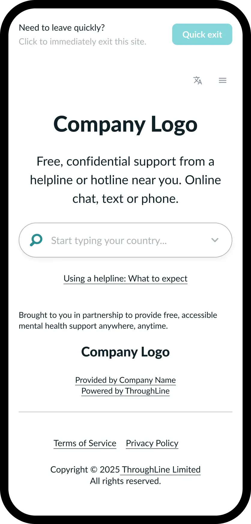 Mobile screen showing a confidential mental health support site with quick exit button, country search, and company information.