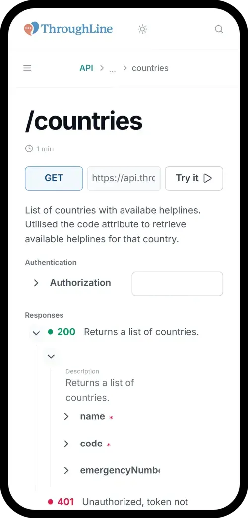 Screenshot of ThroughLine API documentation for the /countries endpoint showing GET request, authorization input, and response details including status 200 with list of countries and status 401 unauthorized error.