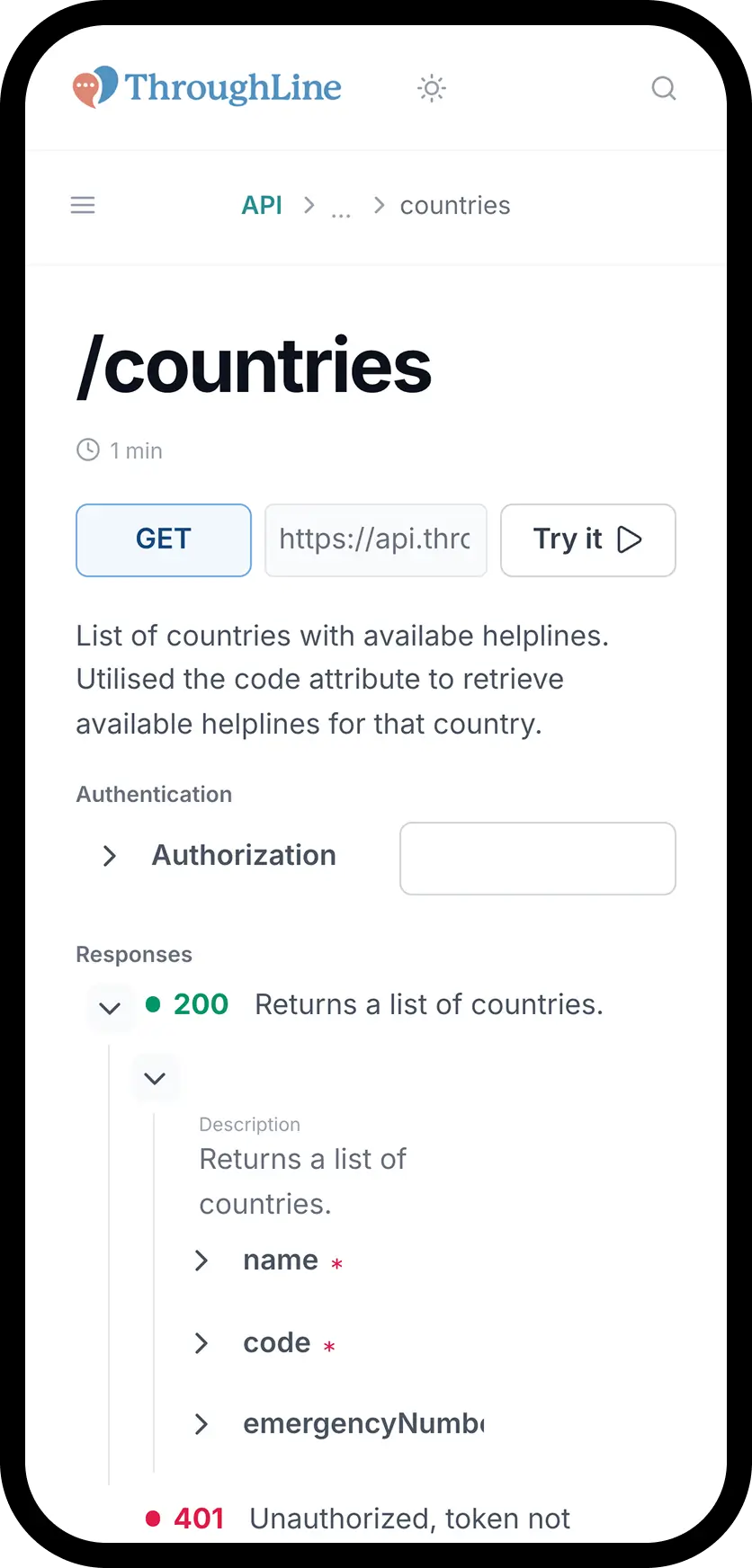 Screenshot of ThroughLine API documentation for the /countries endpoint showing GET request, authorization input, and response details including status 200 with list of countries and status 401 unauthorized error.