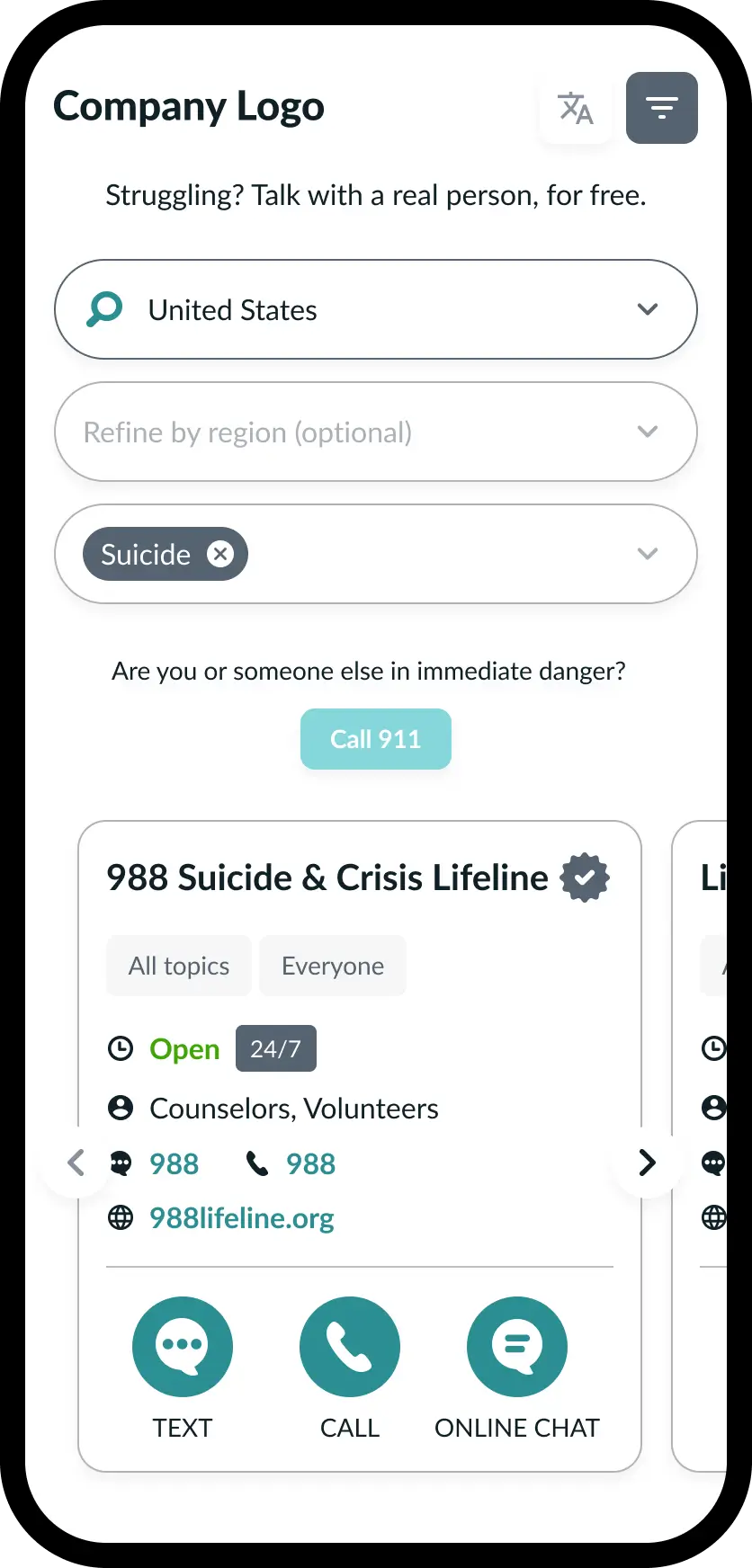 Mobile interface for crisis help with dropdown menus for country and topic, showing 988 Suicide & Crisis Lifeline contact options including text, call, and online chat.