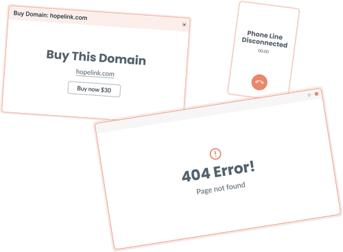 Three overlapping screens showing a domain purchase offer for hopelink.com, a phone line disconnected message, and a 404 error page not found message.