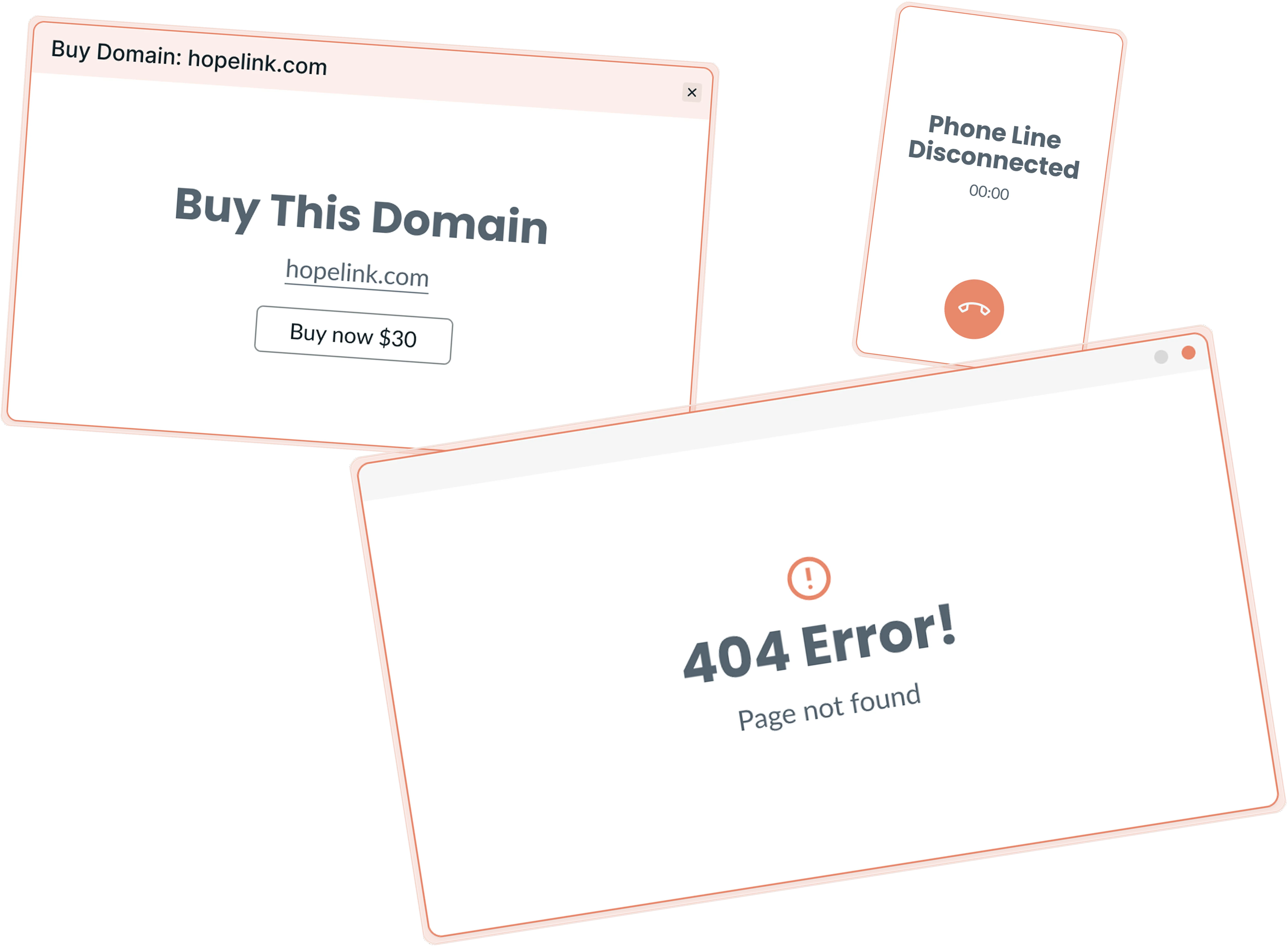 Three overlapping screens showing a domain purchase offer for hopelink.com, a phone line disconnected message, and a 404 error page not found message.