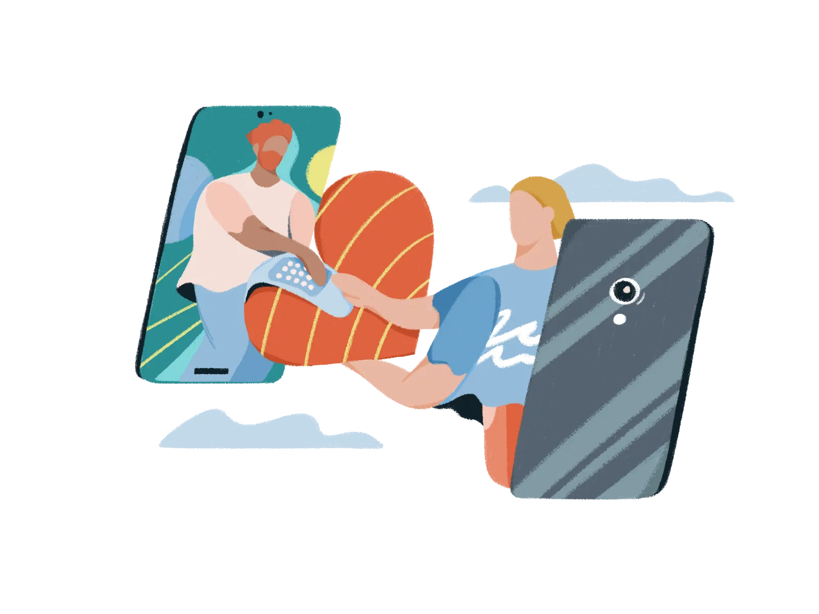 Illustration of two people on a smartphone screen exchanging a large stylized heart wrapped in bandages.