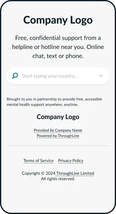 Mobile screen showing confidential free mental health support with options for online chat, text, or phone and a dropdown to select country.