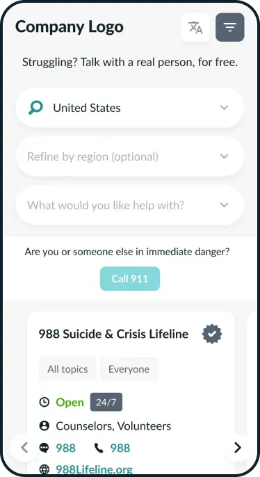 Crisis support app interface showing options for United States with buttons for calling 911 and the 988 Suicide & Crisis Lifeline, available 24/7 with counselors and volunteers.