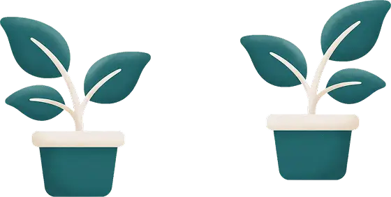 Two stylized potted plants with three green leaves each in white pots against a transparent background.