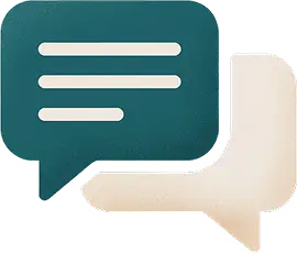 Two overlapping speech bubbles, one dark teal with white horizontal lines and one light beige, symbolizing chat or communication.