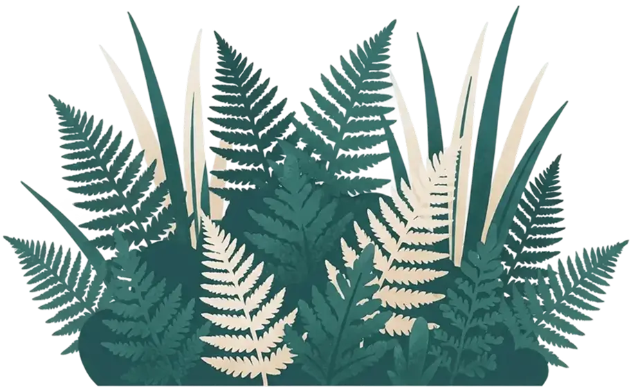 Illustration of various green and beige fern leaves overlapping on a transparent background.