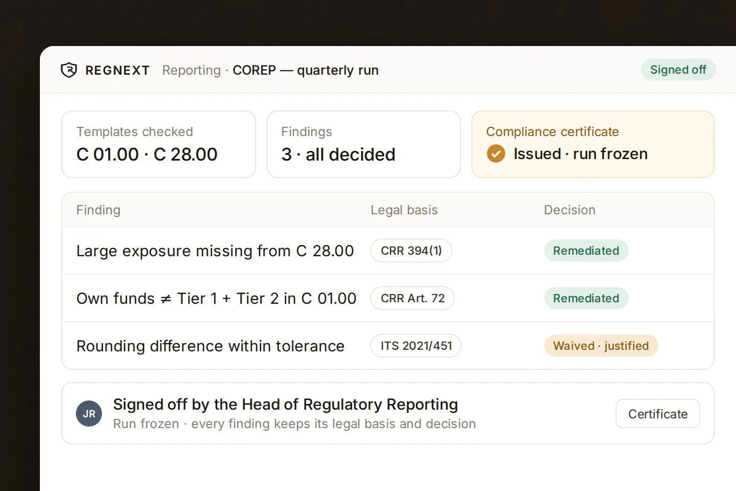 A man signing a document, with a reporting run showing its findings and compliance certificate