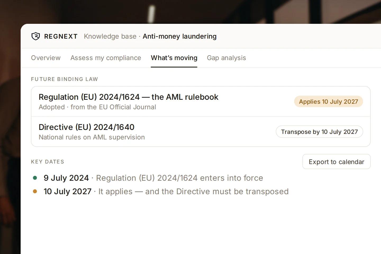 Adopted amending acts with the dates they apply, and a regulation's key dates ready to export to a calendar