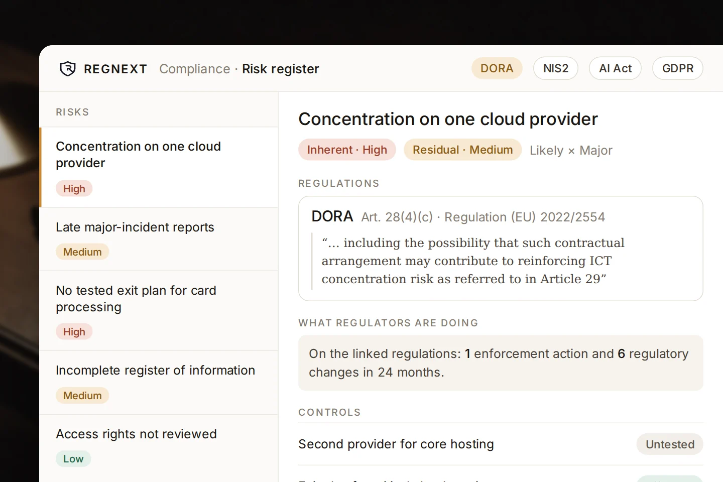 Two colleagues reviewing documents, with a risk tied to its DORA article and what regulators are doing on that law