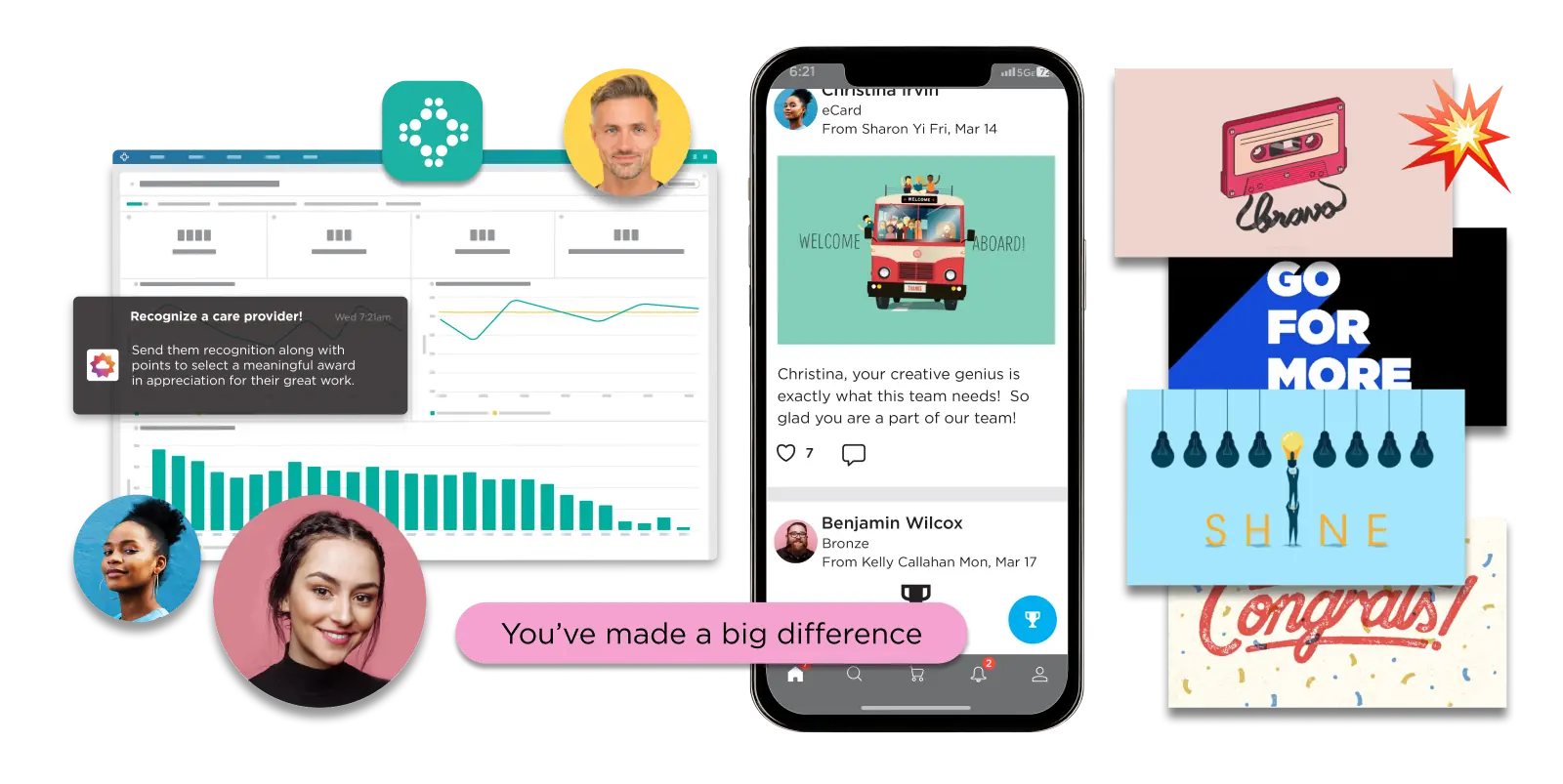 Collage showing employee recognition digital dashboard, mobile app with praise messages, user avatars, and colorful motivational cards.