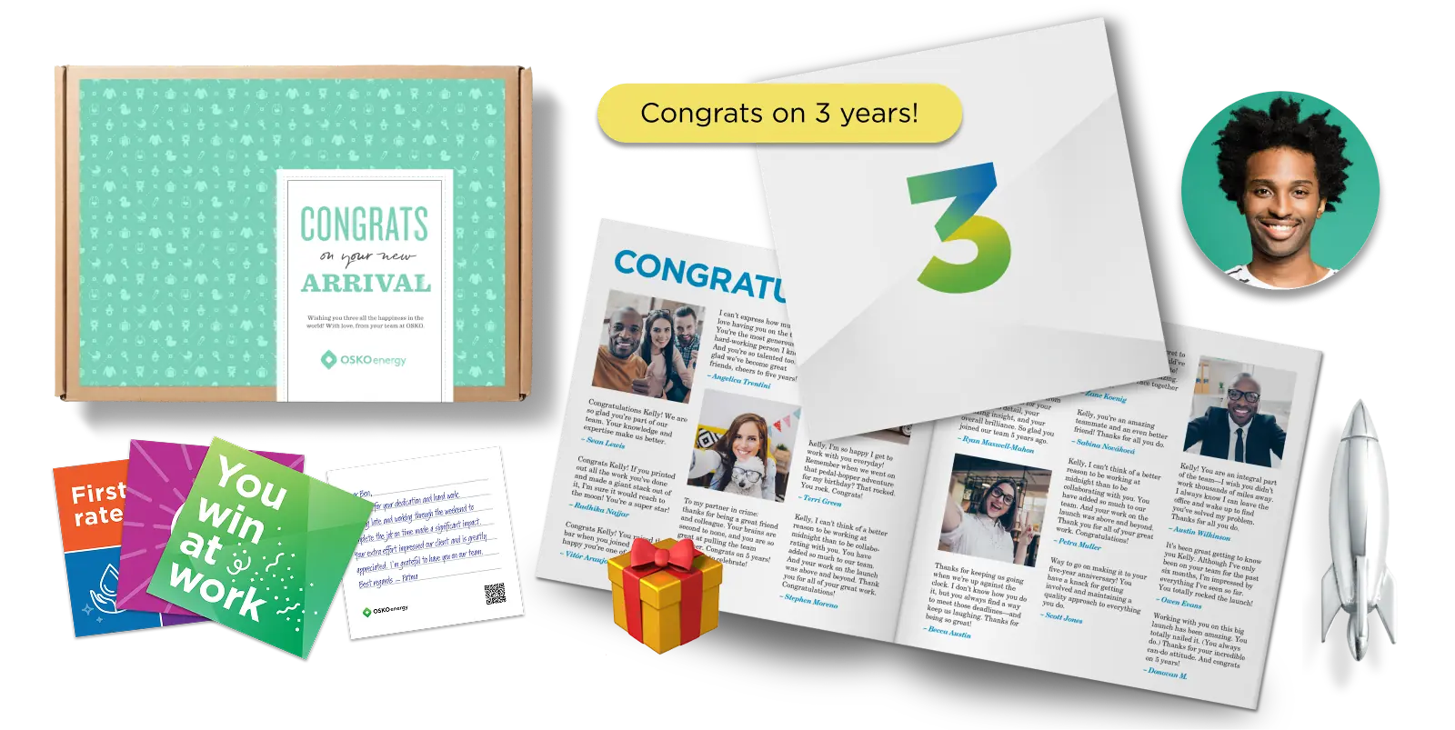 Collection of employee appreciation items including a gift box with a card saying 'Congrats on your new arrival,' a booklet with congratulatory messages and photos, a speech bubble saying 'Congrats on 3 years!', a gift icon, a headshot of a smiling man, and a silver rocket trophy.