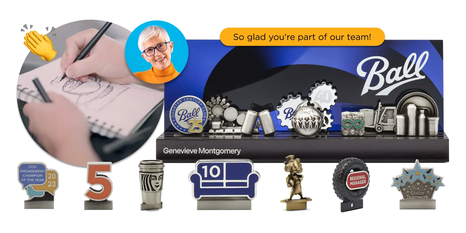 Display of various employee recognition awards including a 25-year club pin, teamwork globe, and other symbolic trophies with text 'So glad you’re part of our team!' and a portrait of a smiling woman.