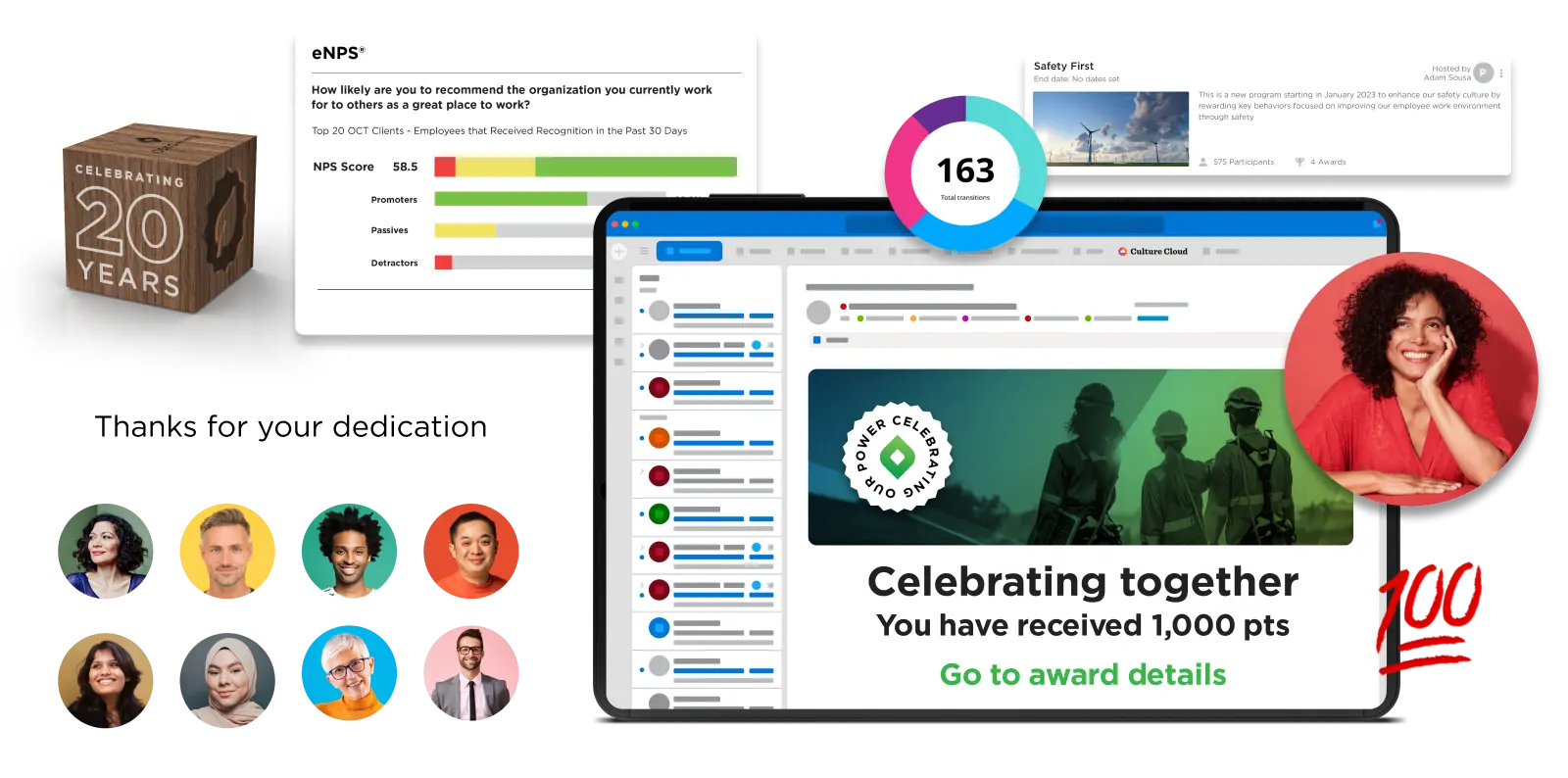 Collage showing employee engagement with a wooden 20 years celebration block, eNPS score chart, a computer screen displaying award points and recognition, a safety programme notification, and diverse employee profile pictures.