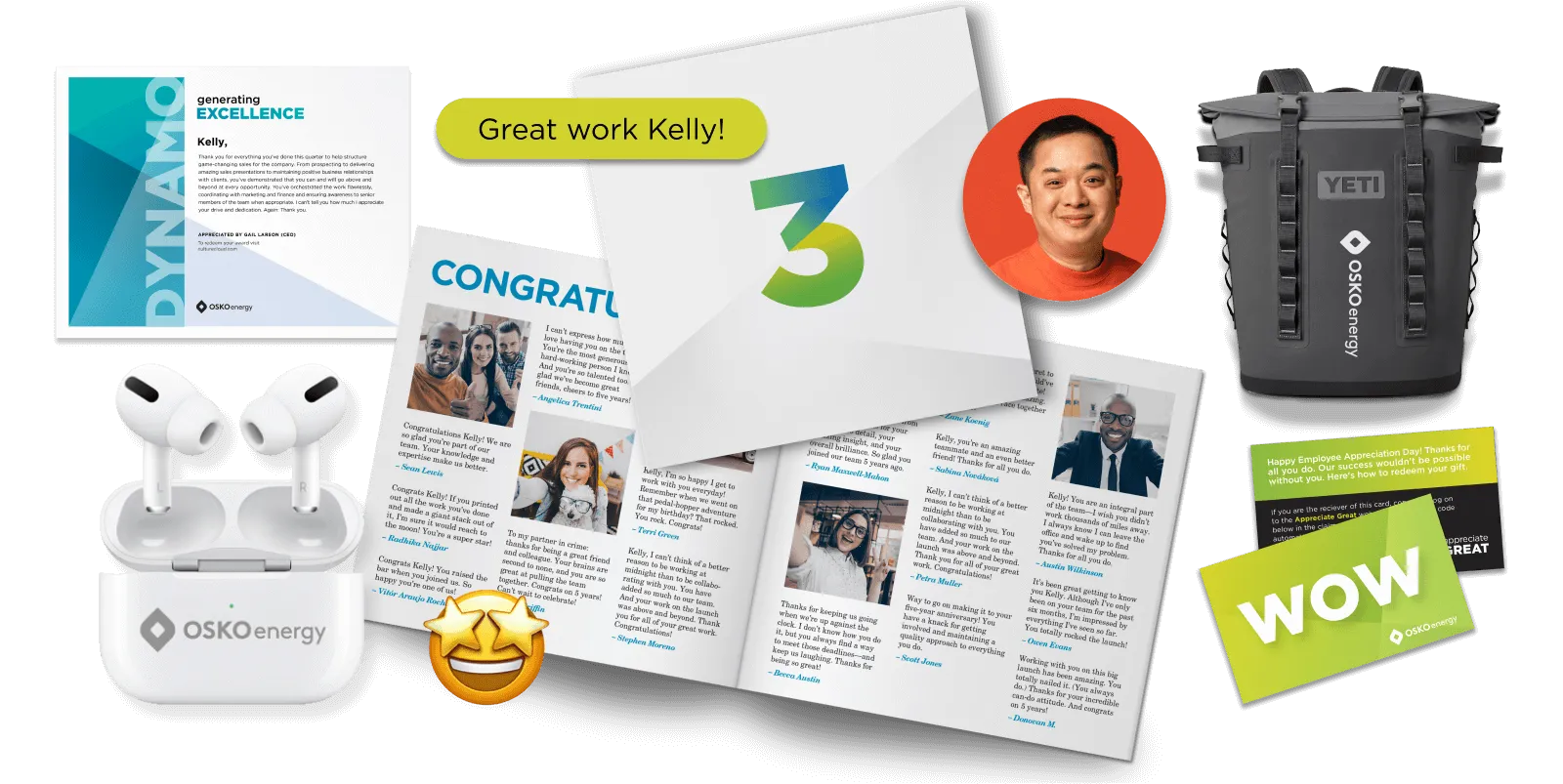 Collage of employee appreciation items including Osko Energy earbuds, a Yeti cooler bag, congratulatory letters, a WOW gift card, a starry-eyed emoji, and a speech bubble saying 'Great work Kelly!'
