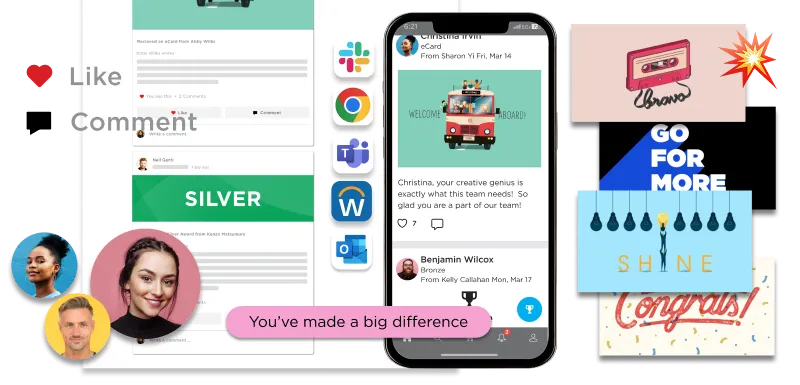 Collage représentant un smartphone avec un message de reconnaissance de l'équipe, des icônes d'applications de communication et des images illustrant des messages liés à la culture d'entreprise tels que « Visez plus haut », « Brillez » et « Félicitations ».