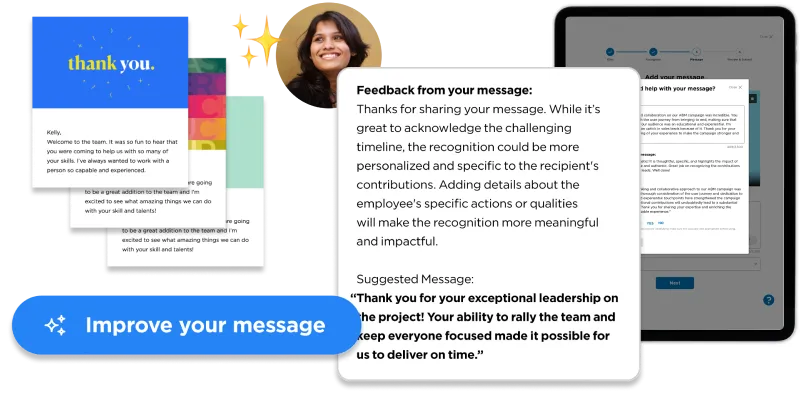 Interface présentant des commentaires visant à améliorer un message, accompagnés d'une suggestion de reconnaissance personnalisée pour le leadership et le travail d'équipe, avec à côté une femme souriante et une tablette.