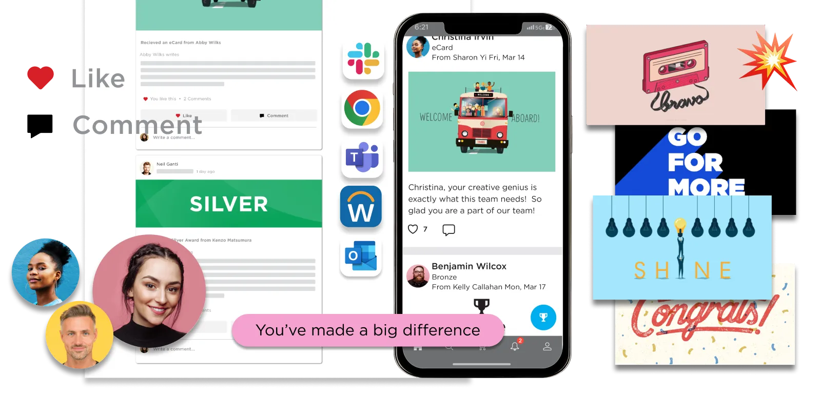 Capture d'écran d'uneplateforme  reconnaissance des employés plateforme  Cartes Virtuelles, des commentaires, récompenses, des photos de profil et des images motivantes telles que « Go For More » et « Shine ».