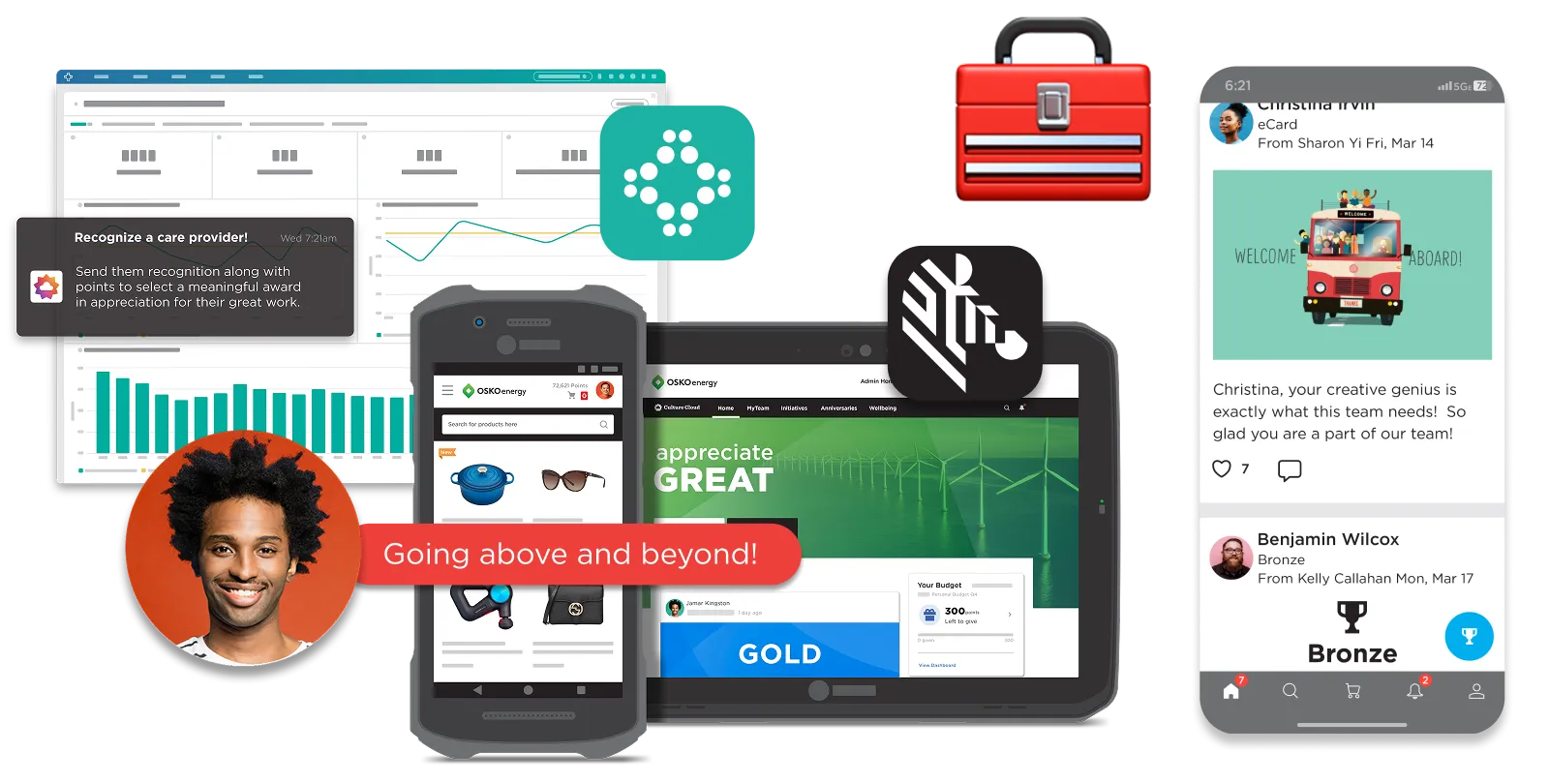 Collage showing digital tools for employee recognition, including graphs, a smiling man with 'Going above and beyond!' text, product images on a smartphone, and a message celebrating a team member’s creative genius on another phone.