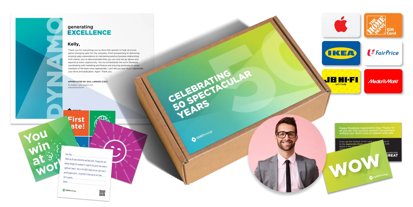 Gift box with a card celebrating 50 spectacular years, surrounded by appreciation notes, gift cards from brands like Apple and IKEA, and a portrait of a smiling man in a suit.