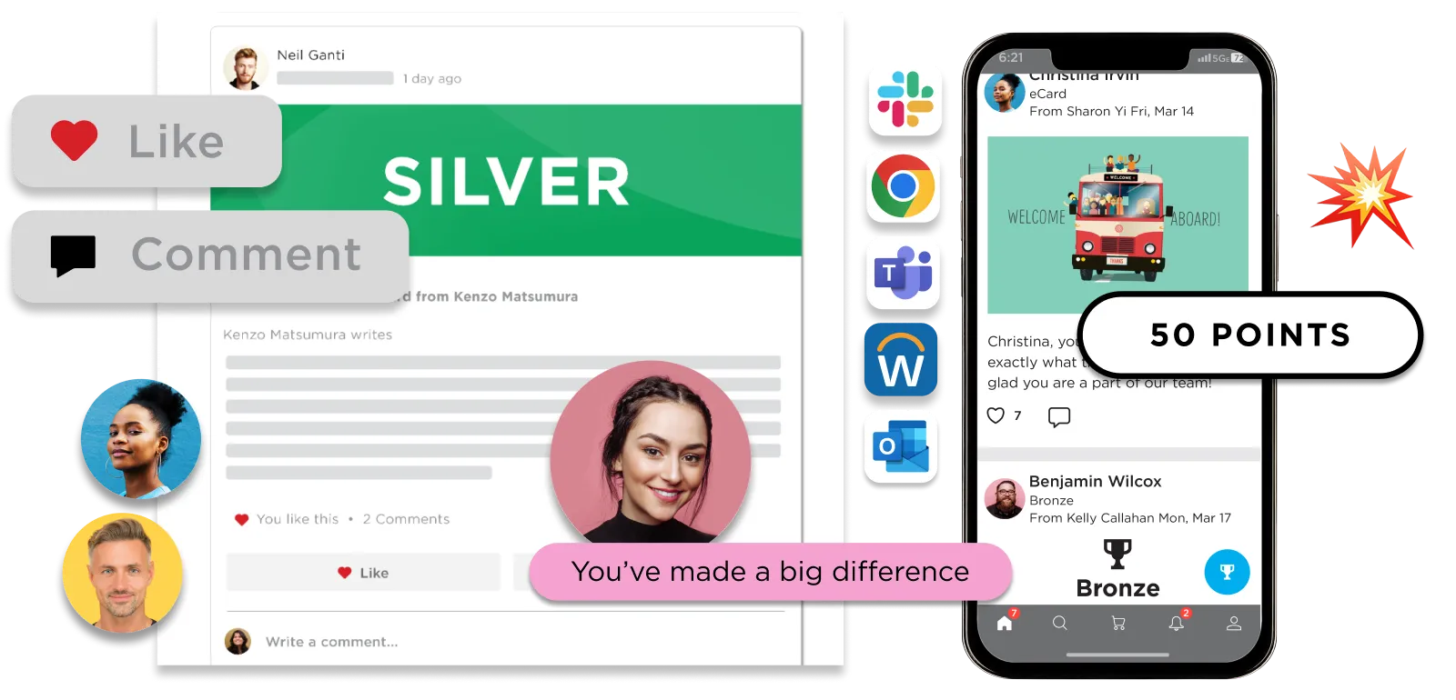 Digital recognition platform interface showing Silver and Bronze team awards, comments, likes, points, and eCards on a desktop and a smartphone screen.
