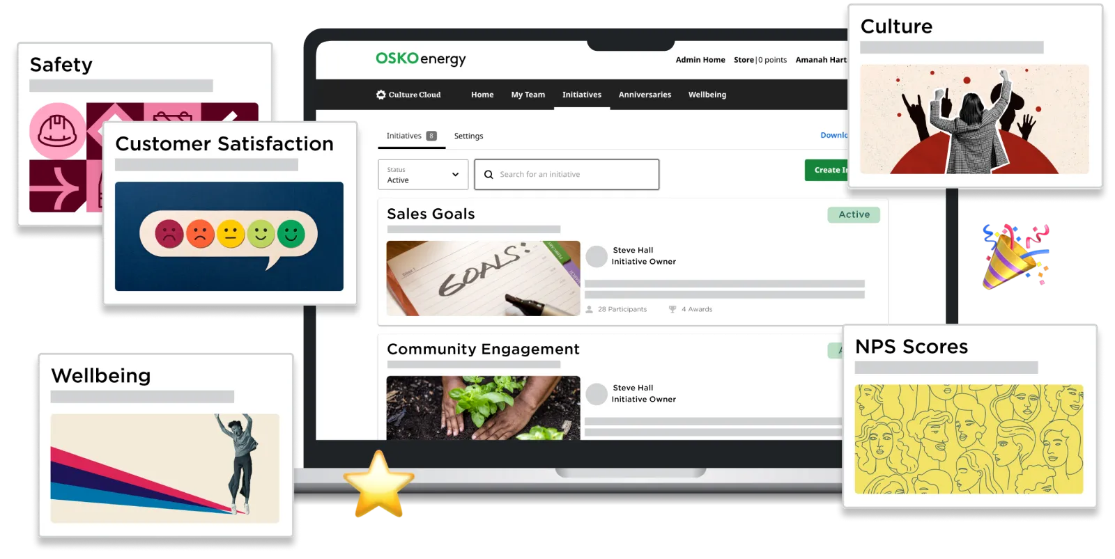 Dashboard on laptop showing OSKO Energy’s team initiatives including Sales Goals, Community Engagement, and overview cards titled Safety, Customer Satisfaction, Culture, Wellbeing, and NPS Scores.