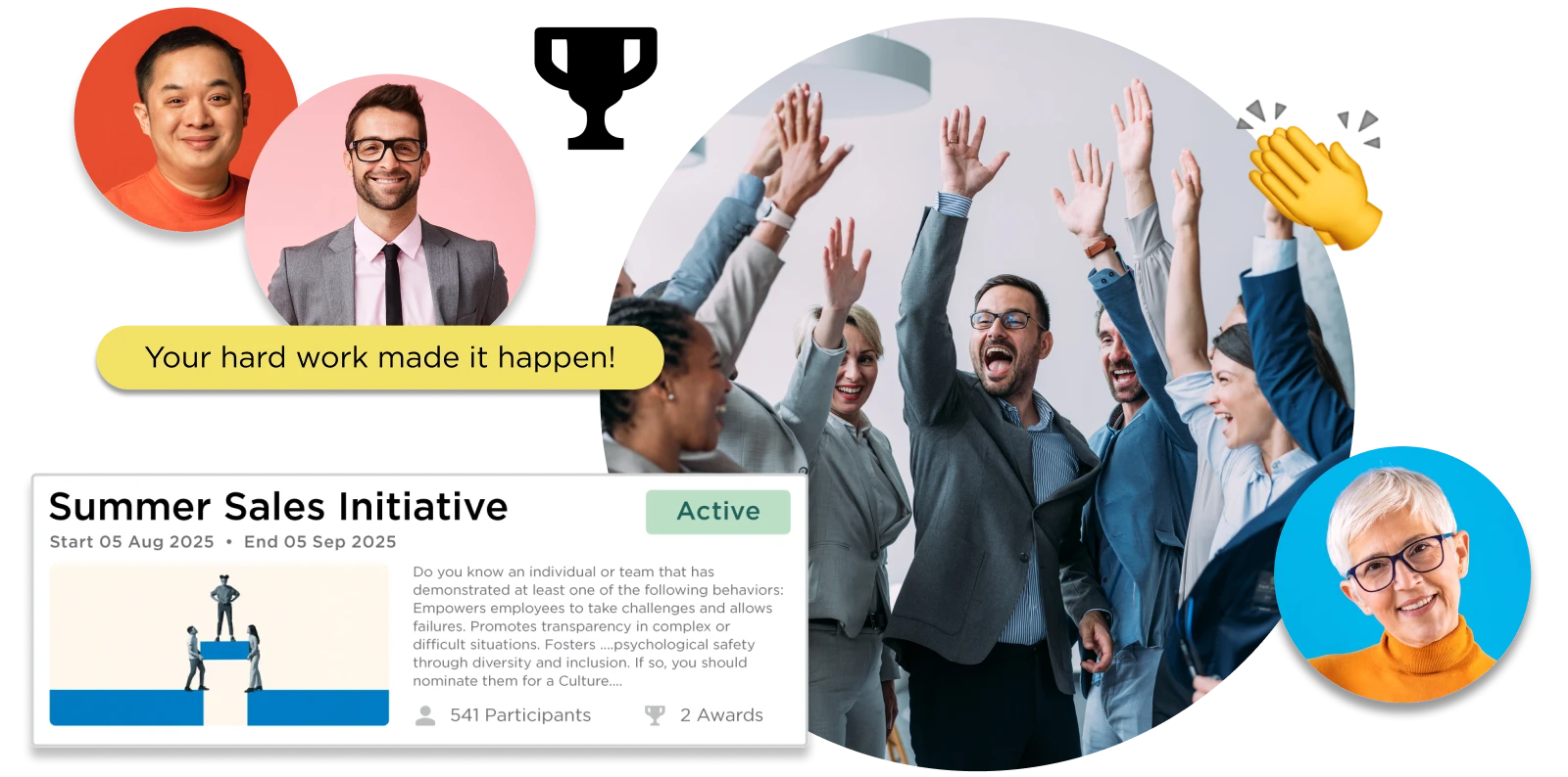 Group of diverse professionals in business attire enthusiastically raising their hands together in celebration, surrounded by floating elements including portraits, a congratulatory message saying 'You're hard work made it happen!', and a Summer Sales Initiative card showing active status with participant and award counts.