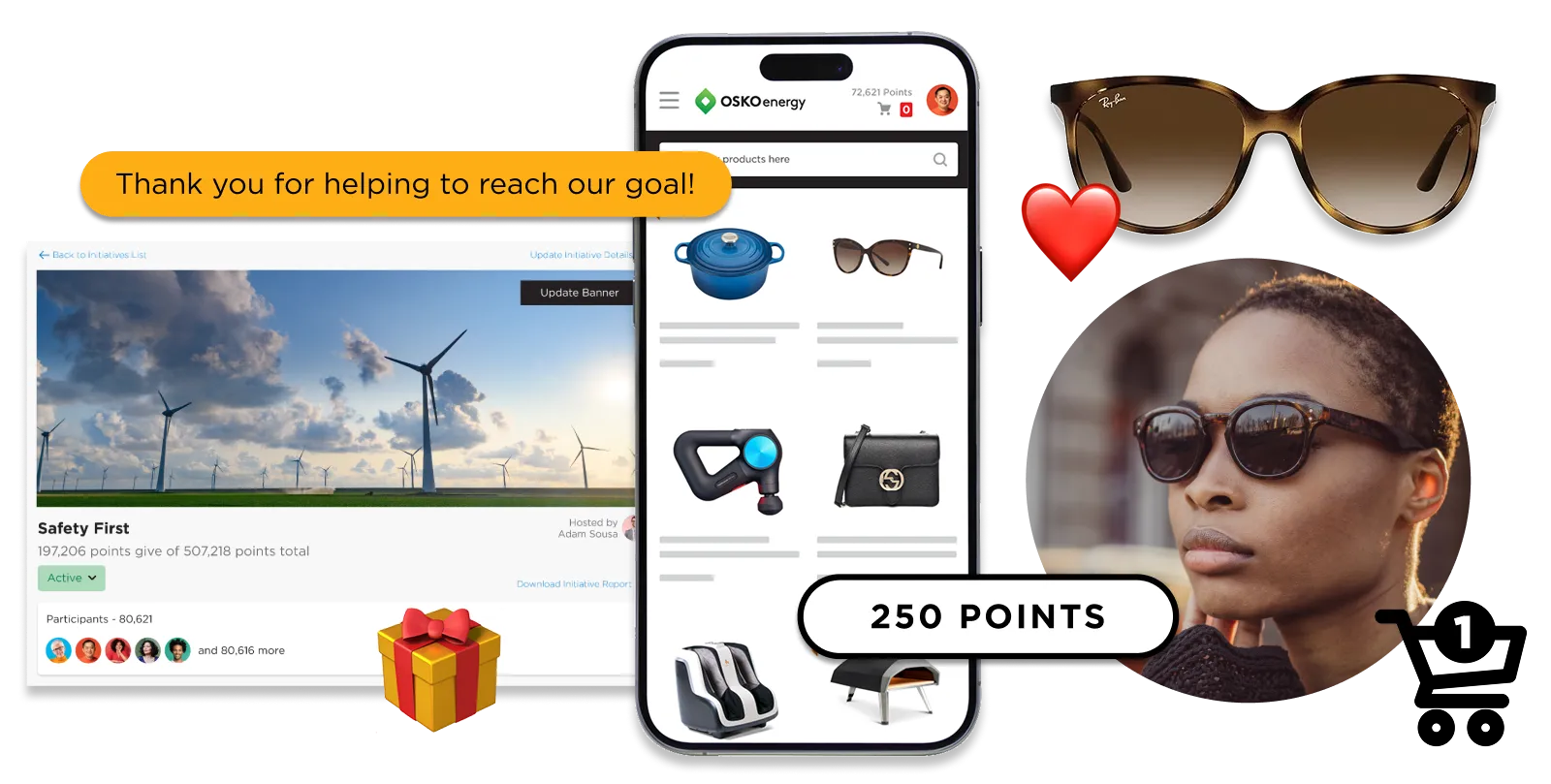 Mobile phone displaying OSKOenergy online store with various products and a points balance, alongside a safety initiative progress screen, a woman wearing sunglasses, and icons including a heart and gift box.