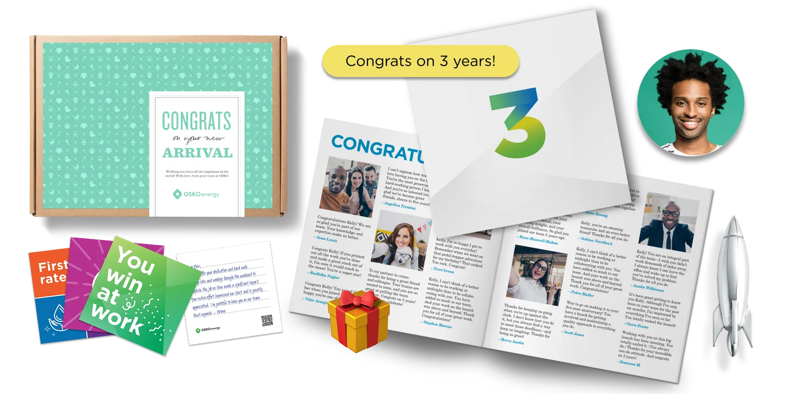 Collage showing employee recognition items including an arrival gift box, congratulatory cards, a newsletter with photos and messages, a 'Congrats on 3 years' card, and smiling diverse employee portraits.