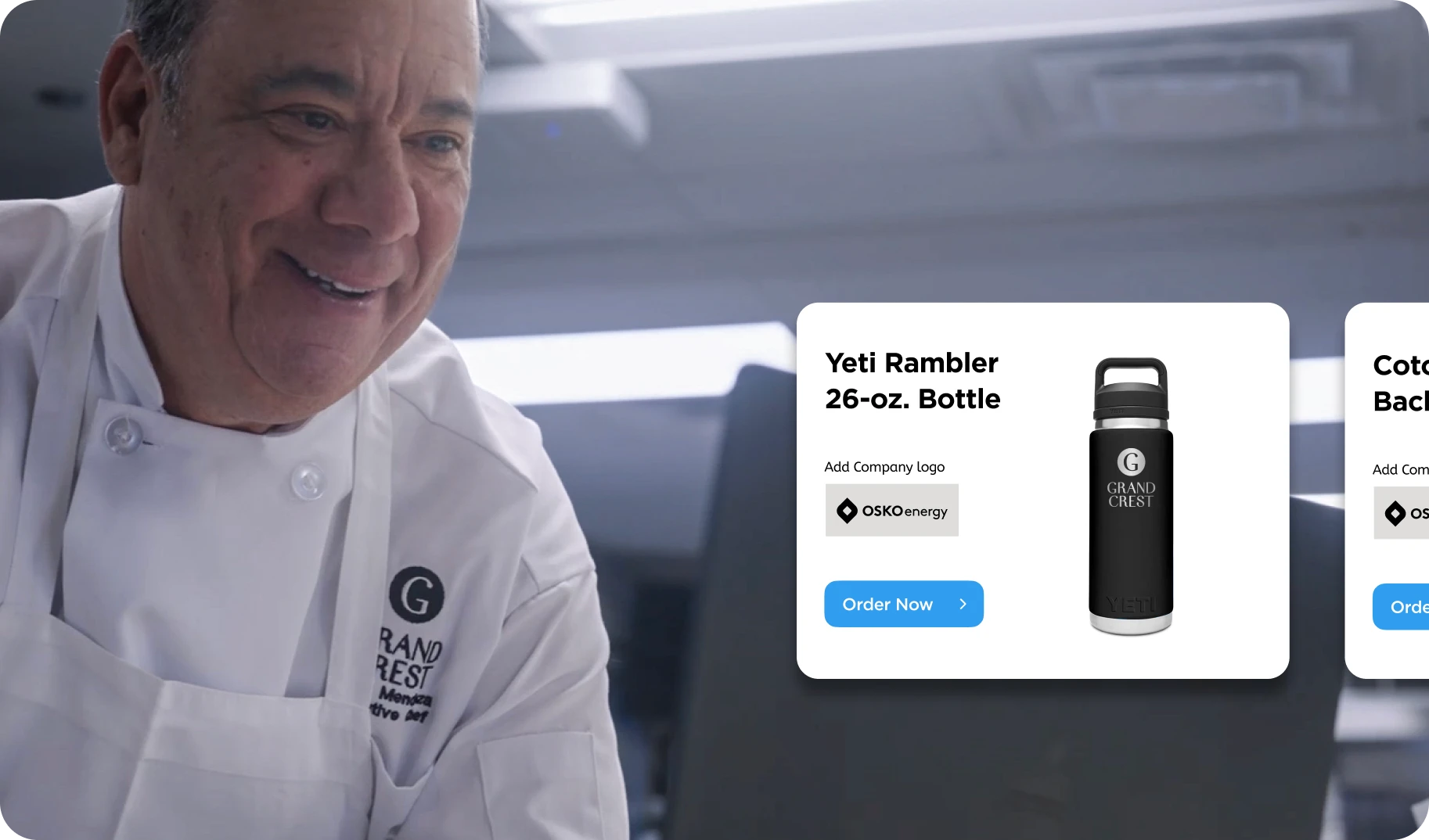 Smiling chef wearing a white uniform next to a product card showing a brown Carhartt beanie with OSKO energy logo and an Order Now button.