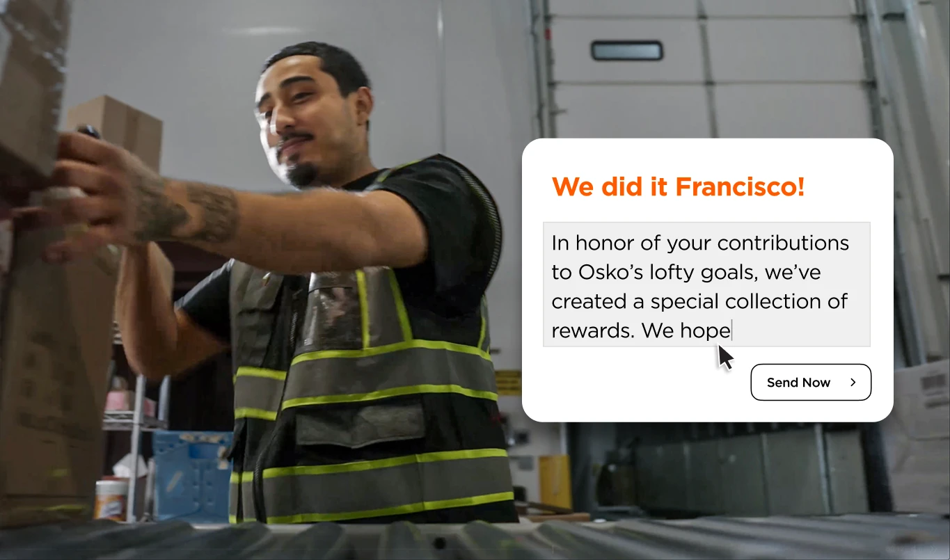 Man in a safety vest working with boxes in a warehouse next to a message congratulating Francisco for contributions to Osko’s goals and announcing a special rewards collection.