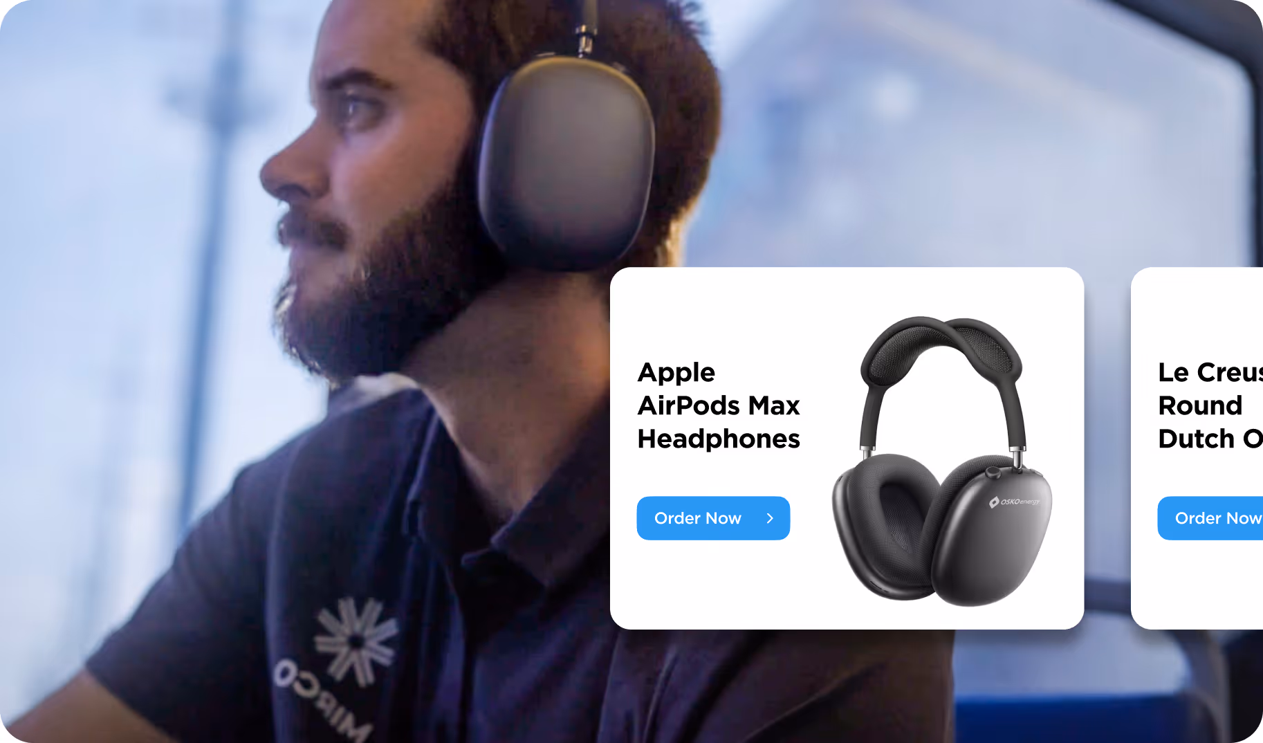 Man with a beard wearing Apple AirPods Max Headphones next to a product ad for the same headphones with an order button.