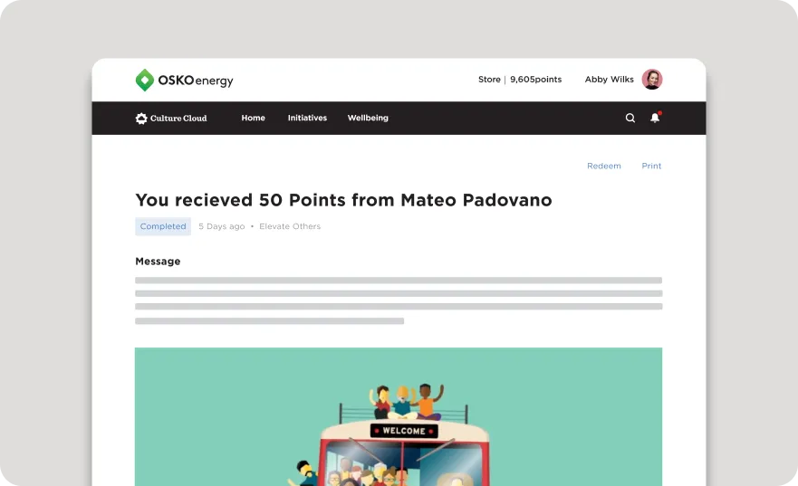 Digital reward notification from OSKO Energy showing 50 points received from Mateo Padovano with user interface and a welcome graphic.