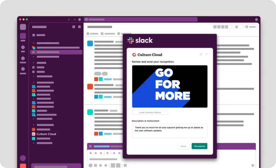 Screenshot of Slack app with a Culture Cloud popup window showing a 'Go For More' badge and a message thanking someone for support on new software updates.